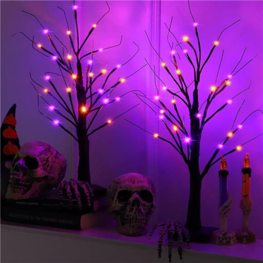 2 Pack 24 Inch Halloween Black Spooky Tree with Orange & Purple Lights